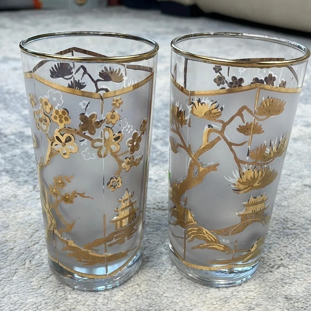 Asian Gold Leaf Frosted High Ball Glasses Pagoda Lotus Tree Cocktail Set of 2